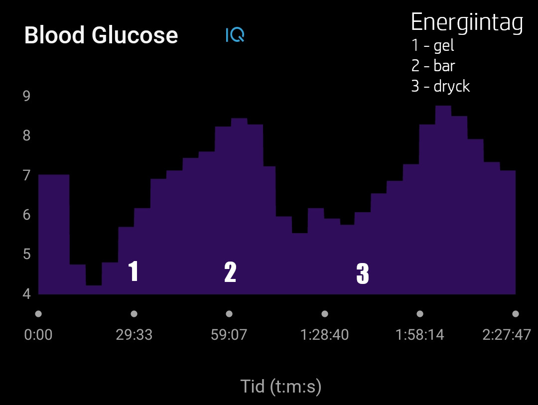 Glukoskurva från 2 timmars löppass med energiintag 3 ggr, Garmin Connect