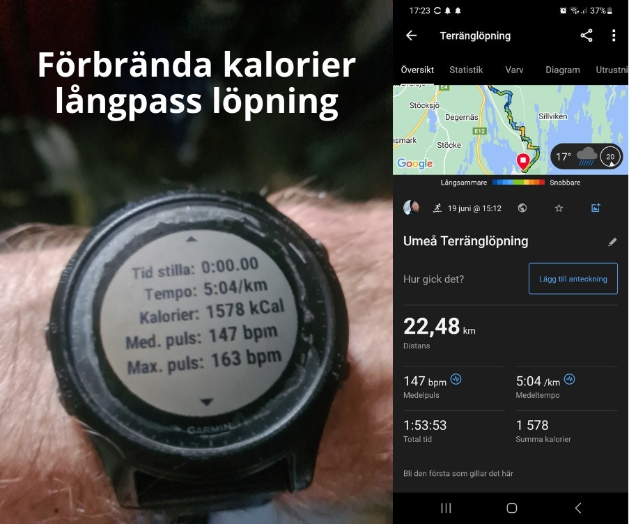 Garmin Forerunner visar 1578 förbrända kalorier på ett långpass löpning den 19 juni 2024